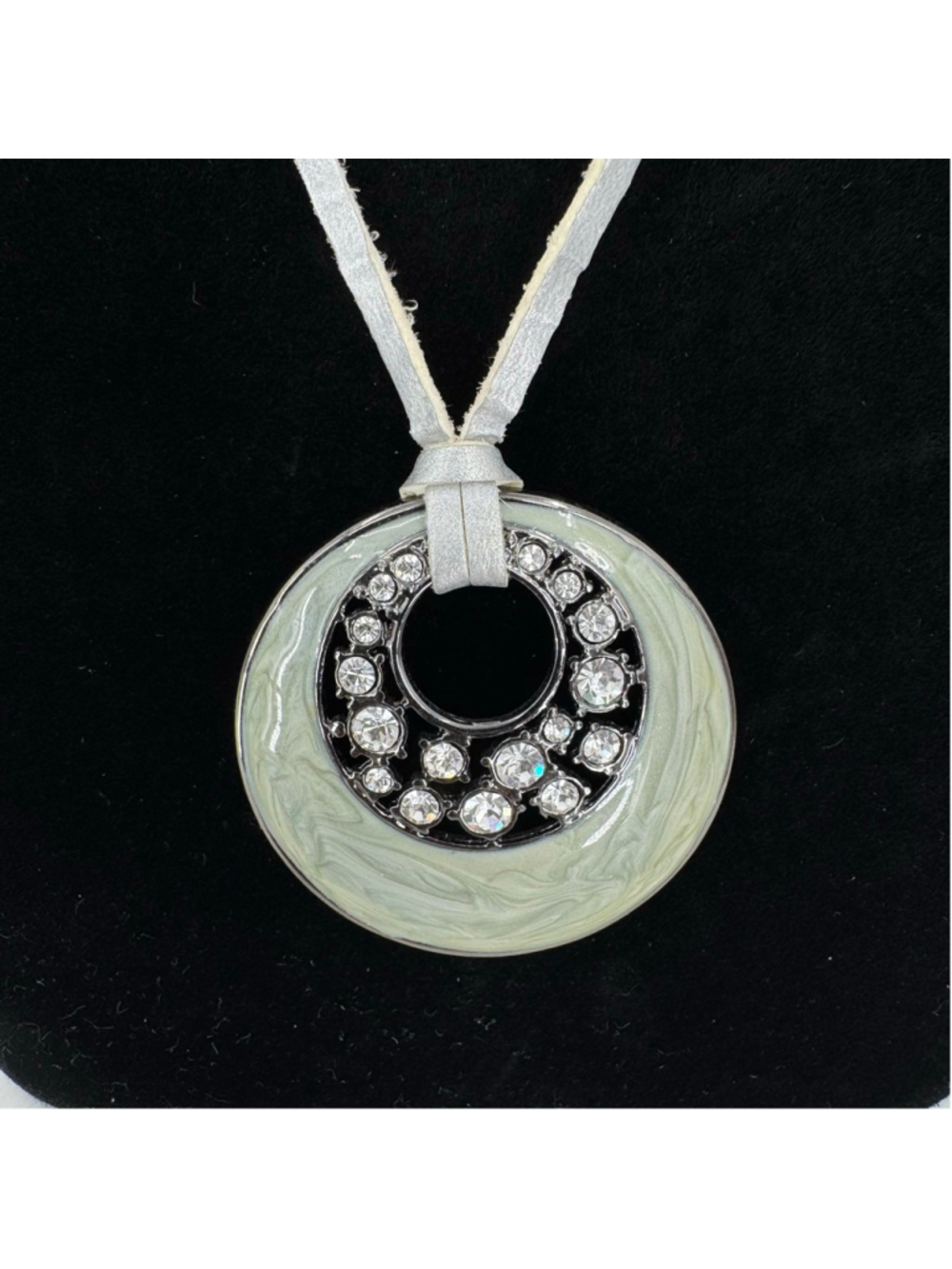 Lia Sophia Necklace Enamel Medallion with Rhinestones Silver Leather Cord 16"